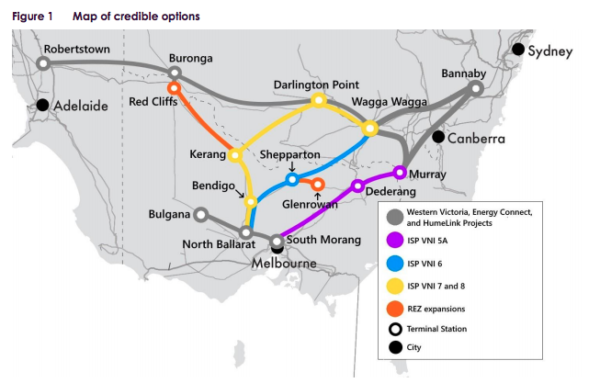 Map of credible options for transmission lines between Vic & NSW